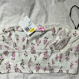 Forever 21 White Floral Bustier Crop Top with Pink Accents